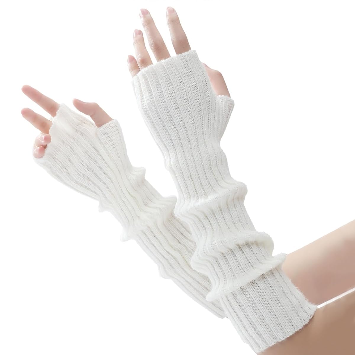 Venzina® Arm Warmers for Women, Long Fingerless Gloves for Women, Winter Sleeves Knitted Y2K Arm Sleeves Gloves for Teen Girls, Fashion Hand Wrist Warmer for Daily, Party, Hip Hop (White)