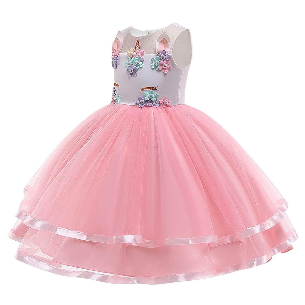 PATPAT Unicorn Princess Dress for Girls 4–6 Years with 65cm Length and Lace Hem | Pink Cotton Dacron Party Outfit