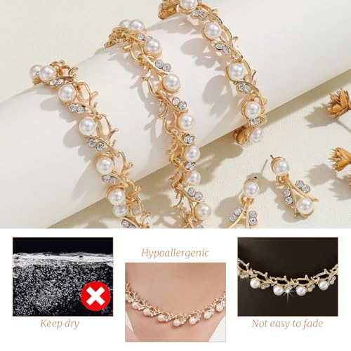 SANNIDHI® Stylish Design Fancy Pearl Bracelet Earrings Necklace Jewellery Set for Women Valentine Gift for Girlfriend-Gold