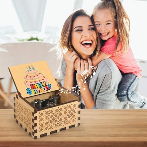 PATPAT® Retro Wooden Hand Crank Music Box Desk Decor, Nostalgic Happy Birthday Melody Music Box, Flip-up Lid & Engraved Floral Pattern, Birthday Gift for Kids