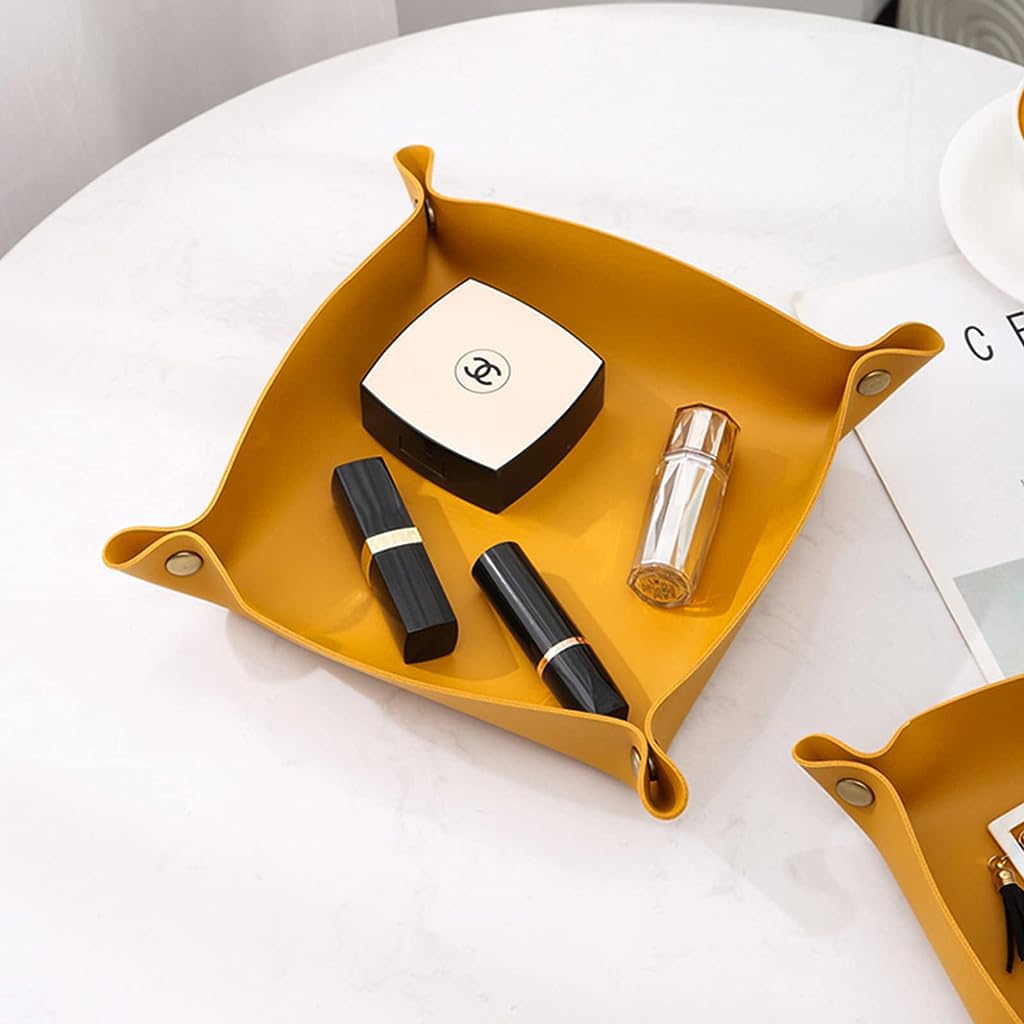MAYCREATE Leather Valet Tray Organizer for Home or Office with Metal Snap Closure 9.8 in | Yellow PVC Set of 3