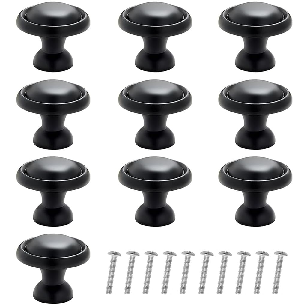 HASTHIP Cabinet Knobs for Kitchen and Drawer Upgrade with 1.25 in Round Zinc Alloy Design | 10 Pack Black Rust‑Resistant Pulls