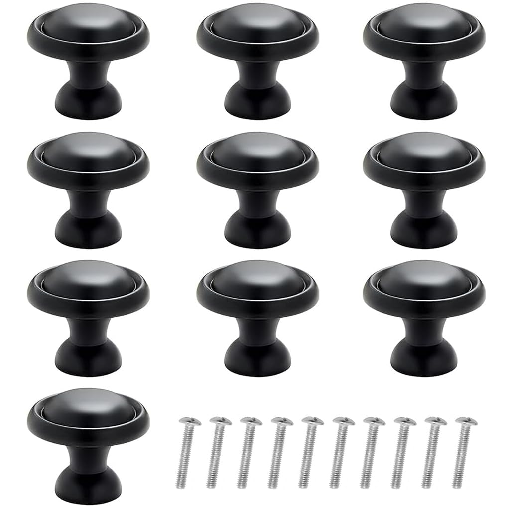 HASTHIP® 10Pcs Metal Cabinet Knobs, 1.25'' Round Black Zinc Alloy Cabinet Knobs, Rust and Scratch-Resistant Drawer Handles Pulls with Screws for Cabinet, Drawer, Cupboard, Wardrobe