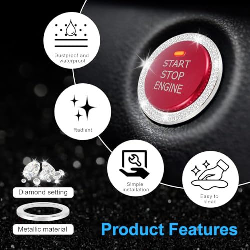 STHIRA® 4PCS Crystal Double Rhinestone Car Push Start Button Cover Bling Ring for Womens Interior Decorative Knob Accessory Stylish Durable Engine Stop