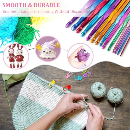 HASTHIP® 74PCS Crochet Hooks Set Ergonomic Handle with Stitch Markers Large Eye Blunt Needles Multicolor Aluminum Knitting Needles for Arthritic Hands