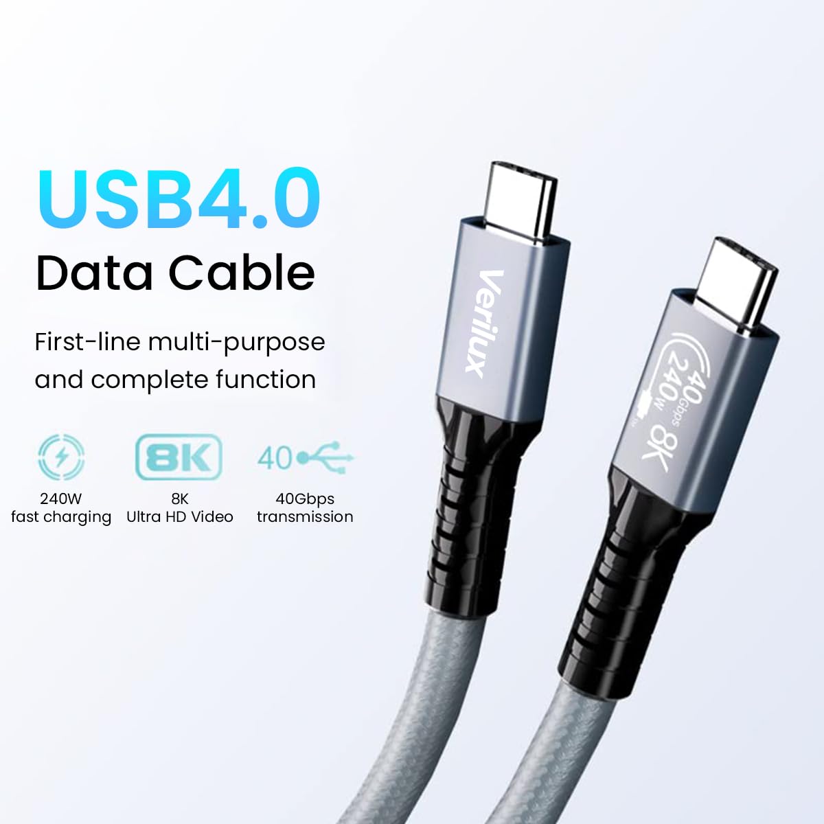 Verilux Type C to Type C Cable for Fast Charging with 240W Power and 40Gbps Transfer | 8K Display and Nylon Braided 4.9ft Design
