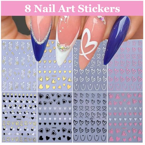 MAYCREATE® 8 Sheets Heart Nail Stickers Decals for Women Girls Art Self-Adhesive Black White Pink Graffiti Patterns Elegant Designs Accessories 16 PCS