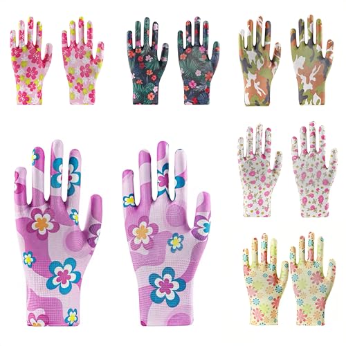 HASTHIP® 6 Pairs Gardening Gloves for Women Fashion Floral Print Nylon Snug Fit Work Gloves Full Palm Anti-Slip Work Gloves Utility Gloves Protective Gloves, One Size