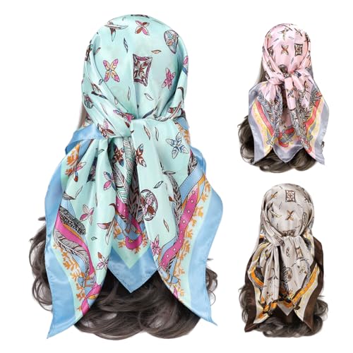 SANNIDHI® 35 Inch Square Headscarf for Women Fashion Luxe Printed Headscarf Polyester Ice Silk Satin Scarves Elegant Satin Square Headscarf Neck Scarves, Pack of 3
