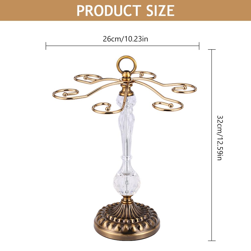 Supvox Metal Wine Glass Holder for 6 Goblets featuring Spiral Hooks and Crystal Pole | Gold Stainless Steel Countertop Rack 26x32 cm