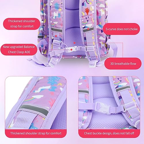 PALAY® Girls School Backpack Unicorn Cartoon Primary Bookbag for Travel Camping Waterproof Burden Relief Gift Kids 5-10 Years Old Purple 2 PCS
