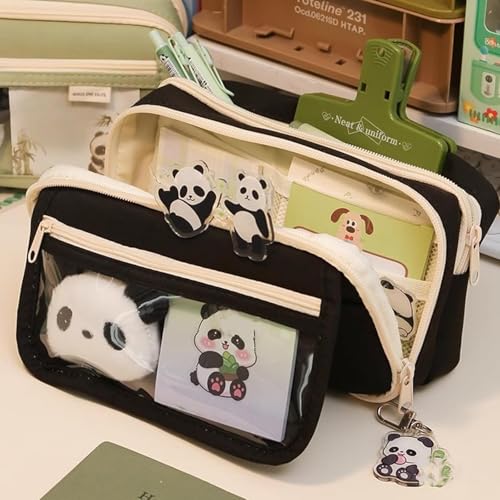 ZIBUYU® Student Pencil Pouch Fashion Multi-Layer Cloth Case Bag with Clear Mesh Pockets School Office Stationeries Storage Scrapbooking Accessories Organizer Black 3 PCS