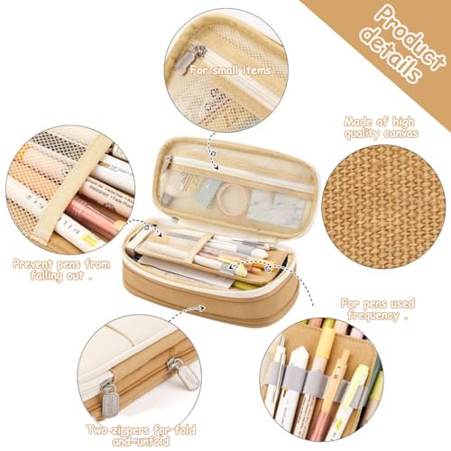 HASTHIP® Nylon Large Capacity Pencil Pouch and Case Combo, Double Zipper, Multi-Compartment, for Kids, College Students, Journaling, Crafts, DIY, Planners, 22x11cm (Navy Blue & Khaki Black)