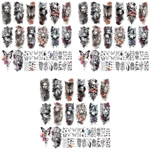 MAYCREATE® Temporary Tattoo for Men Women 34 Sheets Large Arm Band Sticker 3D Realistic Armband Body Half Sleeve Hand Assorted Lion Wolf Tiger Skull Fake Tattoos 102PCS