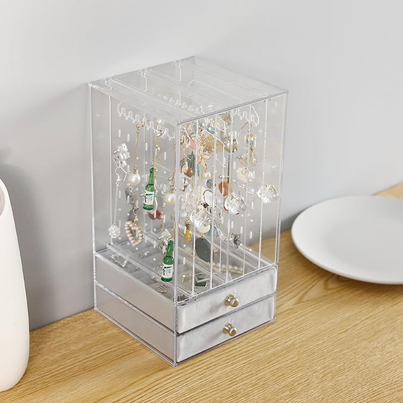 [Second-hand]MAYCREATE@ Earring Organizer Jewelry Organizer Pull-out Stand Clear Earring Holders with Double Layer Drawers Necklace Organzier Ring Holder Jewelry Organizer for Bracelet, Rings, Ear Studs