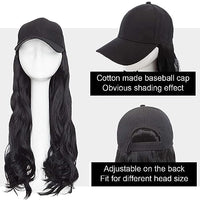 MAYCREATE® Baseball Cap with Hair Extensions for Women, Adjustable Wavy Hair Wig Cap for Girls, Black K-pop Style Hat with 24in Long Synthetic Wig Attached