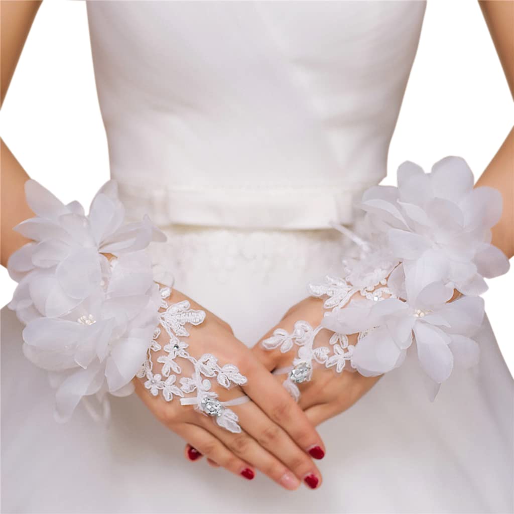 PALAY Women' Lace Gloves Elegant Bridal Fingerless Tulle Gloves Flower Banquet Bowknot Rhinestone Cuffs White Bridal Lace Satin Gloves (Short, multi2)