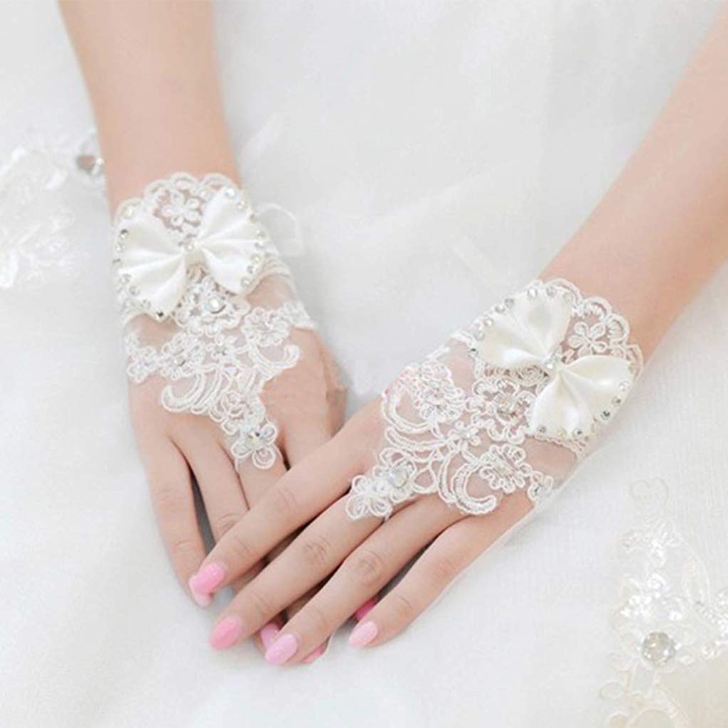 PALAY Bridal Gloves White for Wedding Lady Formal Banquet Party Bride Bowknot Rhinestone Pierced Lace Wedding