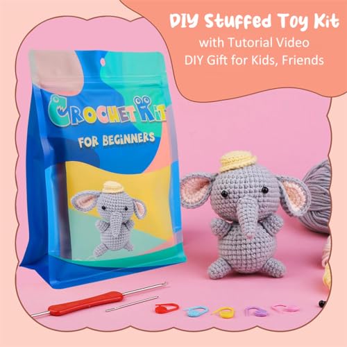 PATPAT® Crochet Stuffed Animal Kit Crochet Kit for Beginners DIY Knitting Kit Full Set Crochet Starter Kit with Yarn, Polyester Fiber, Crochet Hooks, Tutorial Video, Kids Christmas Gifts (Elephant)