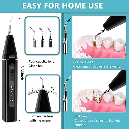 HANNEA® Teeth Whitening Kit Electric Tartar Remover with LED, Teeth Stain Remover with 3 Working Modes, Teeth Cleaning Kits With 4 Stainless Steel Bits, Oral Mirror, Black