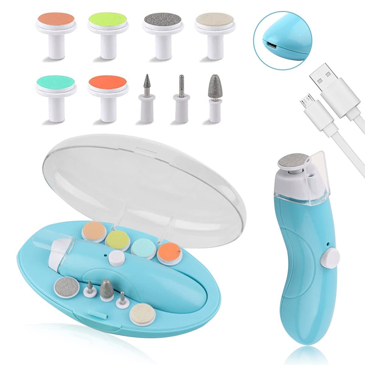 SNOWIE SOFT Rechargeable Nail Trimmer for Baby and Adult with 9 Grinder Bits featuring Bi Directional Speed Control and LED Light