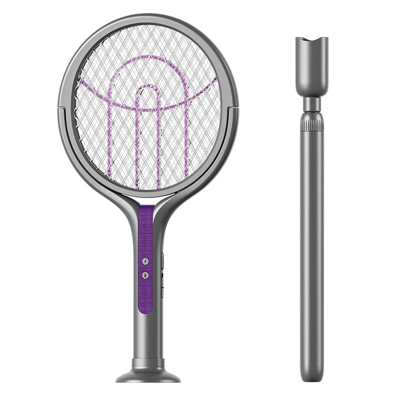 HASTHIP® Electric Cordless Fly Swatter Racket 2 in 1 Bug Zapper Racket with Mosquito Luring Light, High-Voltage Rotatory Grid Head, with Extension Handle, Multi-use Fly Swatter with Safety Lock