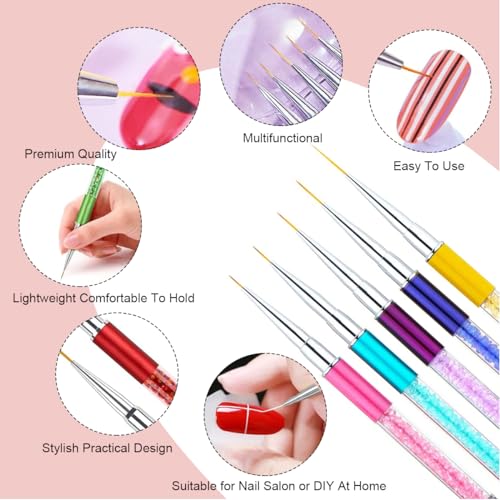 MAYCREATE® 5 Pack Nail Art Brush Set, 3D Nail Liner Painting Brushes Pen DIY Dotting Drawing Manicure Tool with Rhinestone Handles, for Salon or Home Use, 7 9 11 14 19mm