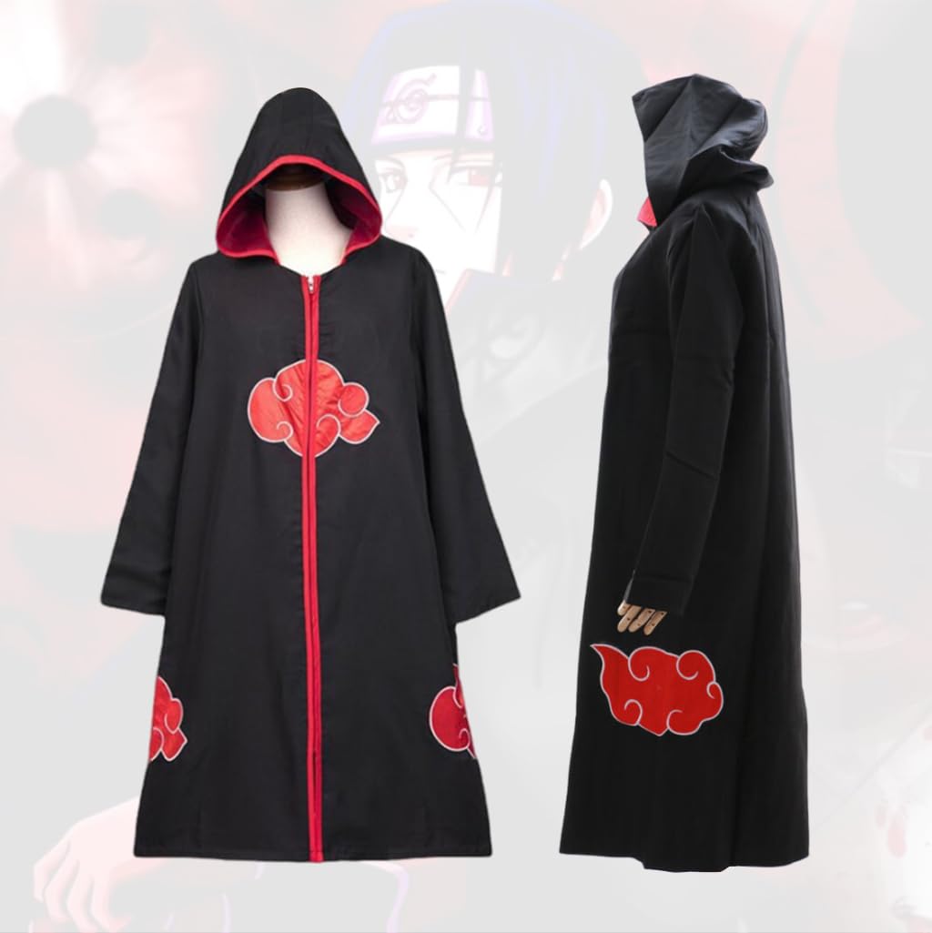 PATPAT® Hooded Akatsuki Cloak Itachi Uchiha Cosplay Costume Long Cape Full Set, Anime Cosplay Costume for Men Women Akatsuki Dress for Party Halloween - Size L, Suitable for Height 165-170cm