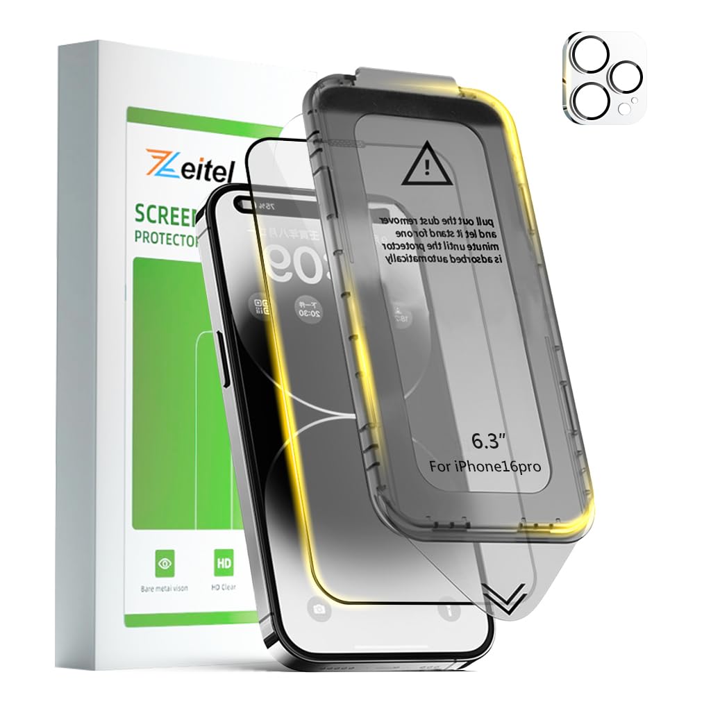 ZEITEL Tempered Glass Screen Guards for iPhone 16 Pro with 9H Hardness & Installation Frame | Full Coverage and Camera Lens Protection