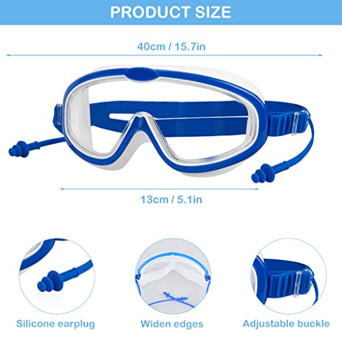 Proberos® Swimming Goggles for Kids with Ear Plugs, Big Frame Leakproof Swimming Goggles for Children Kids, Professional Swim Goggles with Anti Fog and UV Protection for Boys Girls for Age 2-16(Blue)