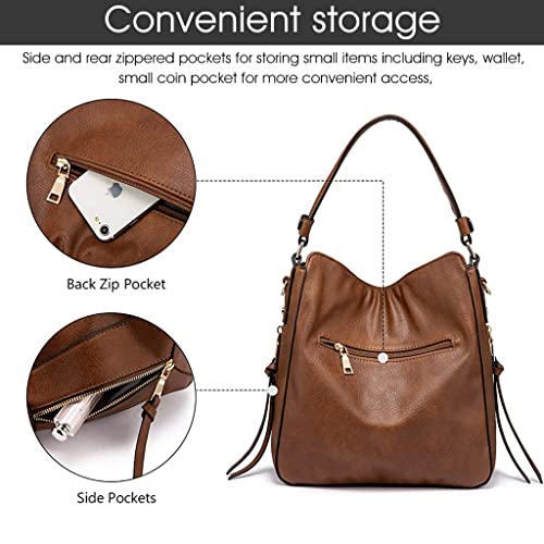 ZIBUYU® Tote Handbag for Women Fashion Faux Leather Tote Bag Classic Shoulder Crossbody Bags for Lady Girl Solid Color Brown