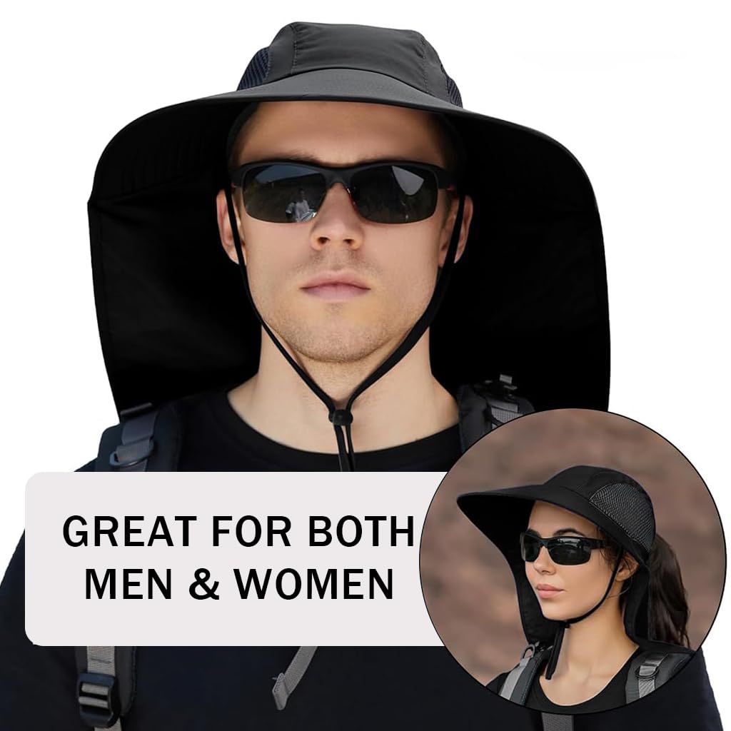 GUSTAVE Sun Hat for Hiking and Gardening with Wide Brim and Neck Flap UPF 50+ | Breathable Quick-Dry Polyester Adjustable Fit Black