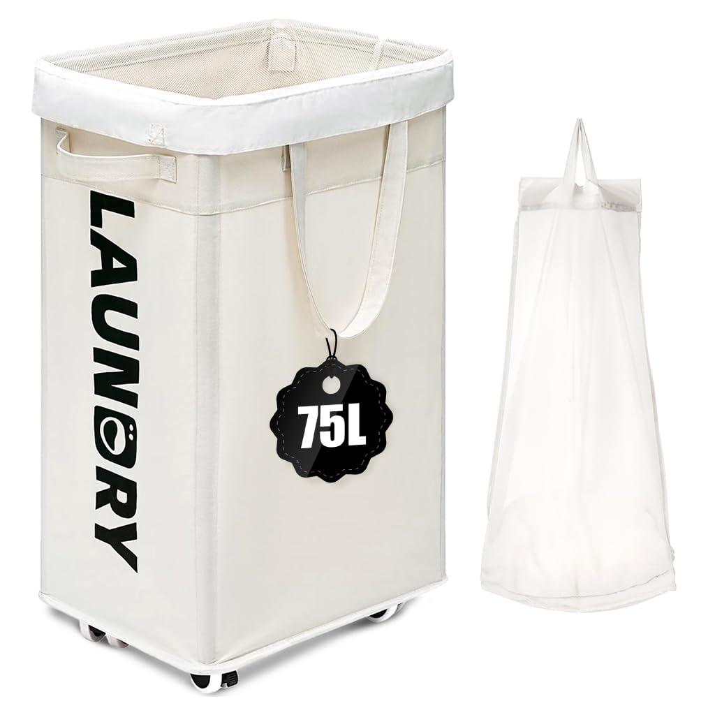 HASTHIP Mobile Laundry Basket for Home Use with Caster Wheels and 75L Capacity | Waterproof Oxford Cloth Collapsible Design