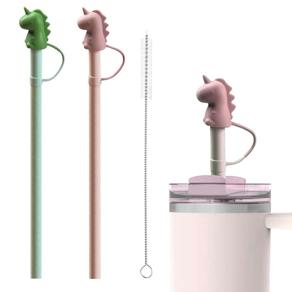 HASTHIP Silicone Straws for Water Bottles featuring 12 in Length and Cartoon Dino Cap | Kids Reusable BPA Free Set with Cleaning Brush