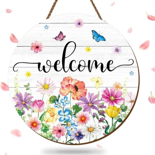 HASTHIP® 1pcs Charming Spring Floral Welcome Sign Country Style Wooden Door Hanging with Butterfly Decoration for Indoor/Outdoor Farmhouse Porch & Window Decoration