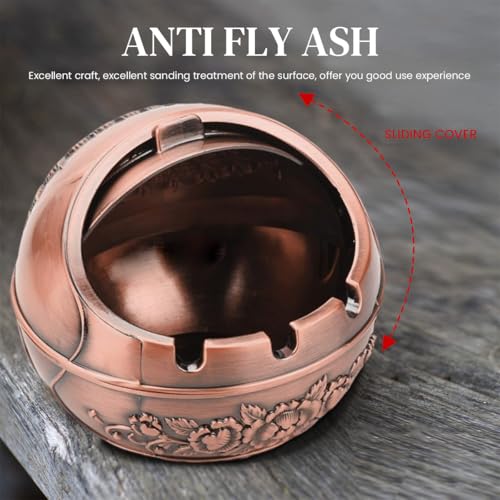 HASTHIP® Peacock Ashtray Retro Zinc Alloy with Closing Lid Decorative Embossing 3 Cigarette Holder Grooves Home Gift Car 10x10x9cm 2 PCS