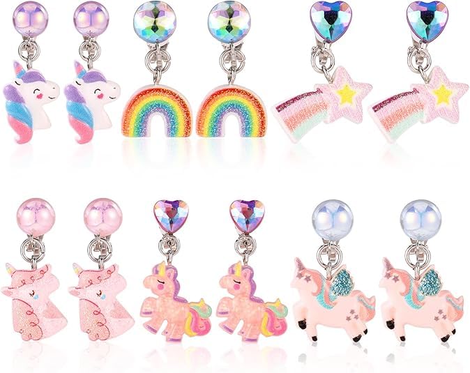 MAYCREATE® 6 Pairs Girls Non-pierced Earrings, 6 Designs, Cartoon Cute Resin Rainbow Unicorn Pendant Clip-On Earrings, Little Girls Ear Jewelries, Fashion Gift for Girls