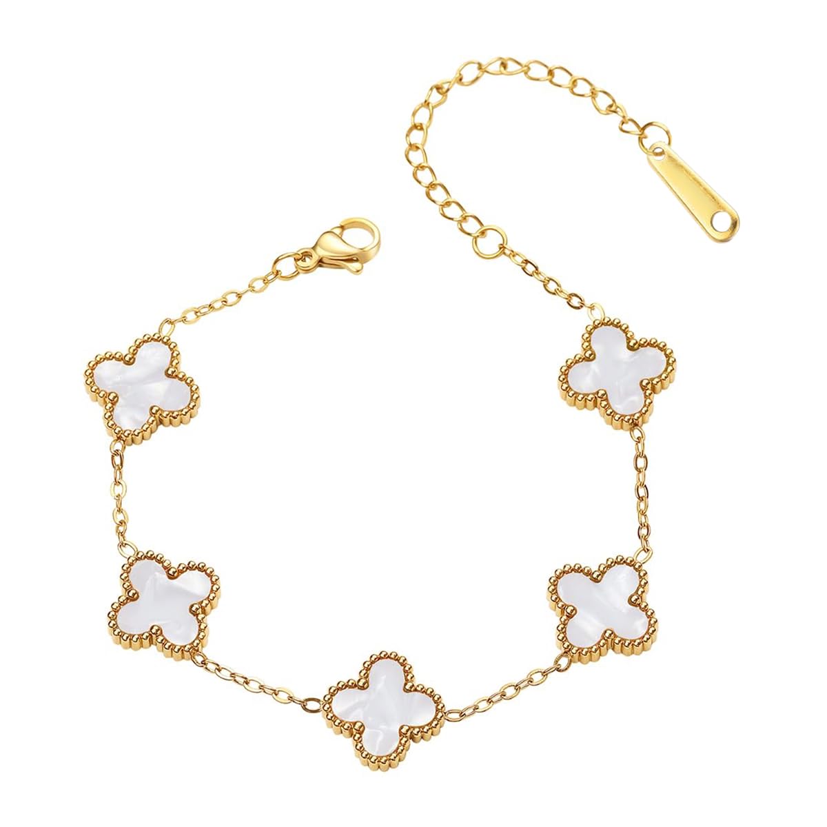 Brand Four Leaf Clover Bracelet for Women with 6.41+1.9 in Adjustable Chain | 18K Gold Plated Stainless Steel Lucky Charm Jewelry