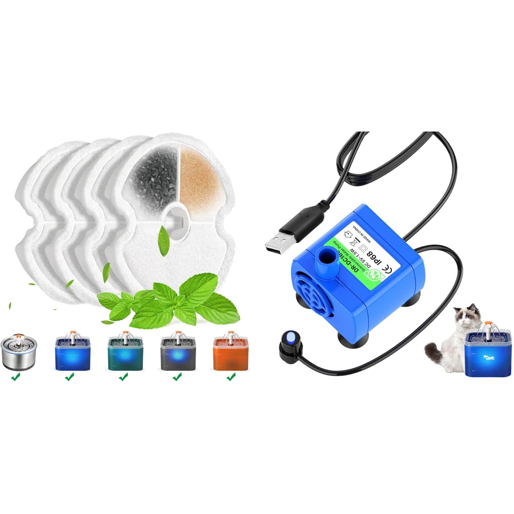 Qpets® 4-Pack Cat Water Fountain Filters and Silent USB Pump Replacement for Qpet Pet Flower Fountains, Activated Carbon Filters, LED Indicator, Automatic Shutoff, Keeps Pet Water Clean