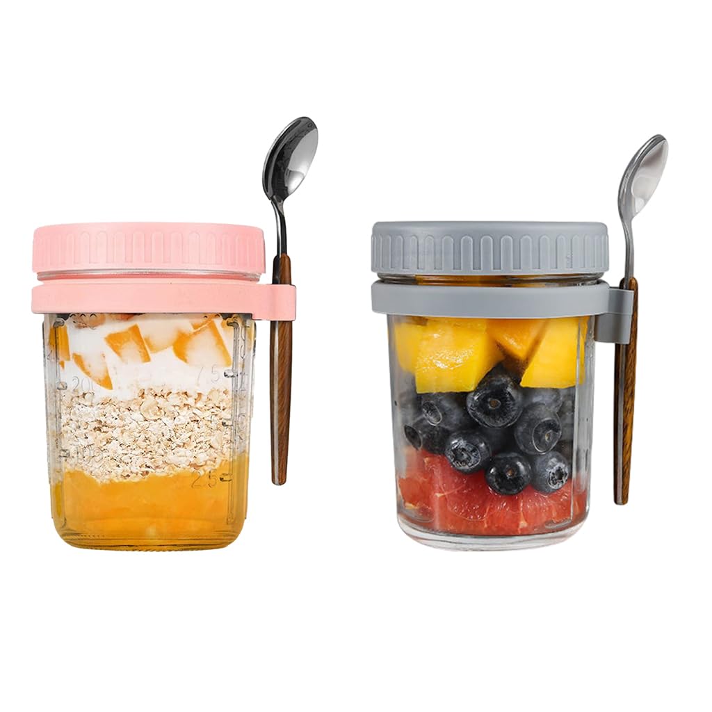 Supvox® 2 Pack Overnight Oats Containers with Lids and Spoons, 350ML Glass Cereal Bowl, Large Capacity Airtight Jars Mason Jars Oatmeal Container Great for Cereal Fruit Vegetable Milk (Pink+Grey)