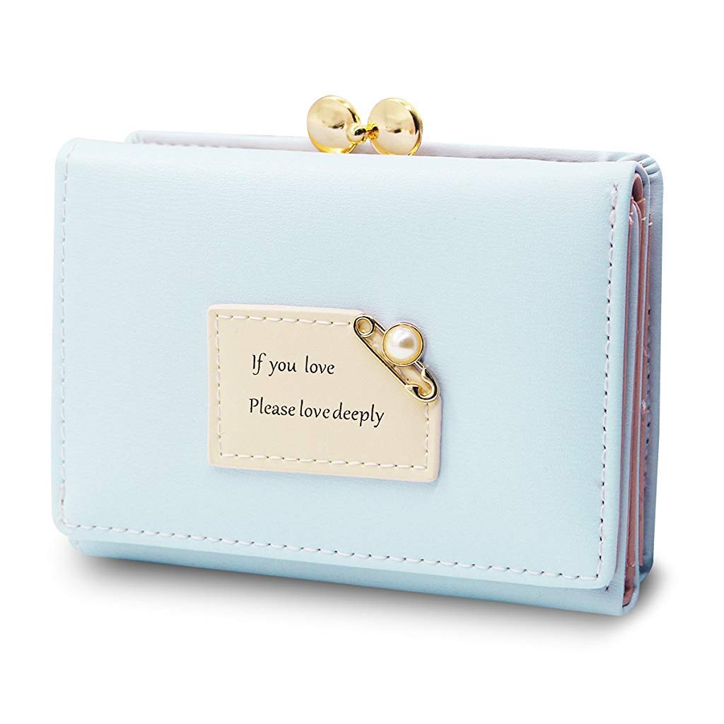 SANNIDHI® Women's Wallet Purses - KQueenStar Leather Wallet Women Credit Card Holder Ladies Purse Clutch Holder Case with Heart-Shaped Metal Buckle Gift (Blue)