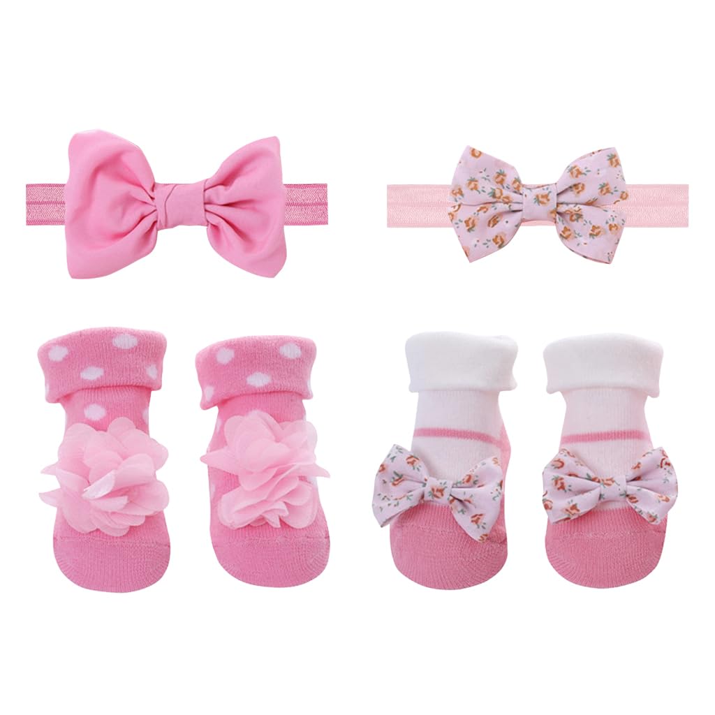 SNOWIE SOFT® Baby Socks Set 0 to 12 Months, 2pairs Cute Baby Girl Socks with Bow Headband Breathable Cotton Socks for Girls Striped Dot Socks for Kids Baby Girl 0-12 Months Gift for New Born Baby Girl