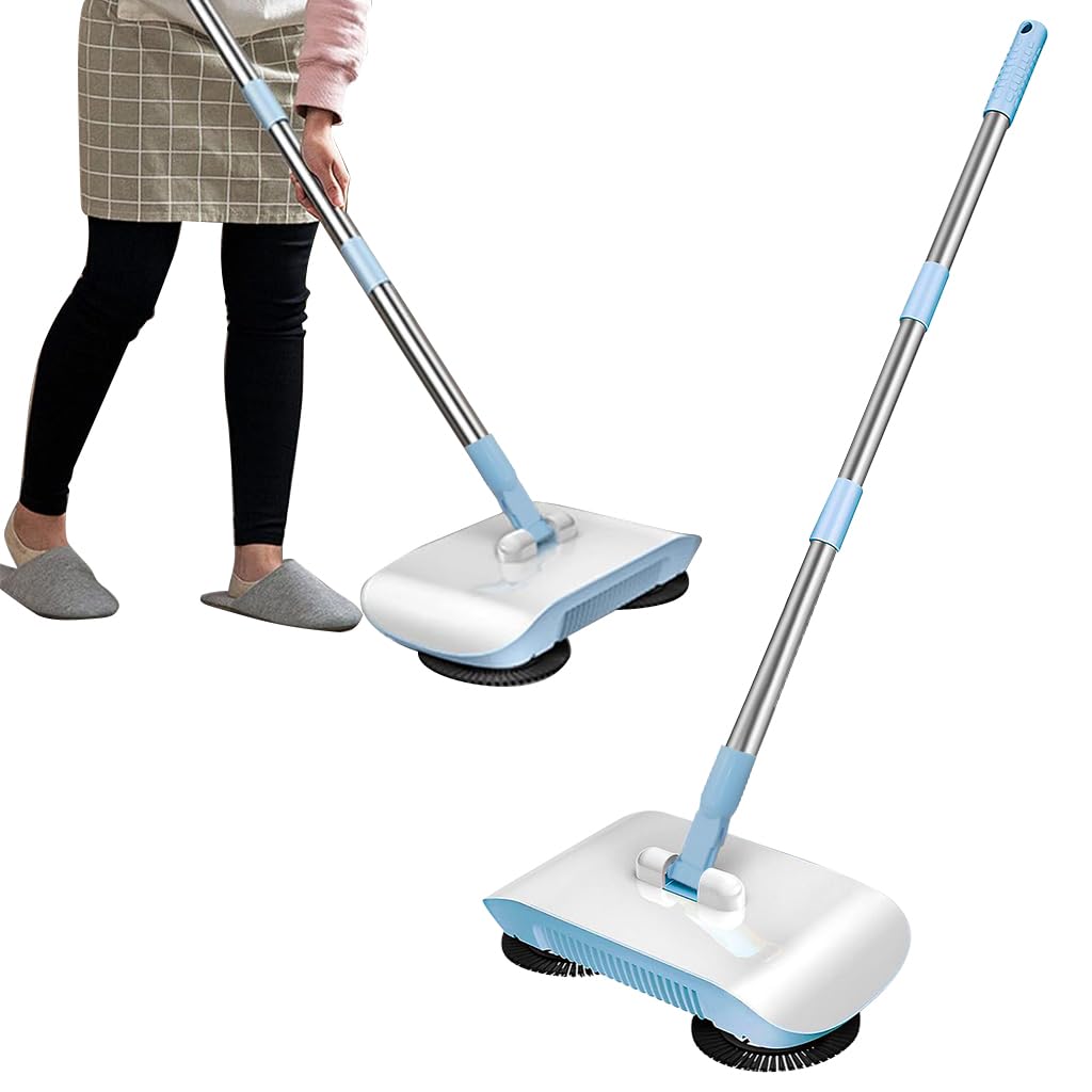 HASTHIP® Manual Floor Sweeper & Mop, 2 in 1 Non-Electric Hand-Push Vacuum with 180° Spiral Dual Brushes, Sweeping Mop Crumb Sweeper for Carpet Floor Clean (Blue)