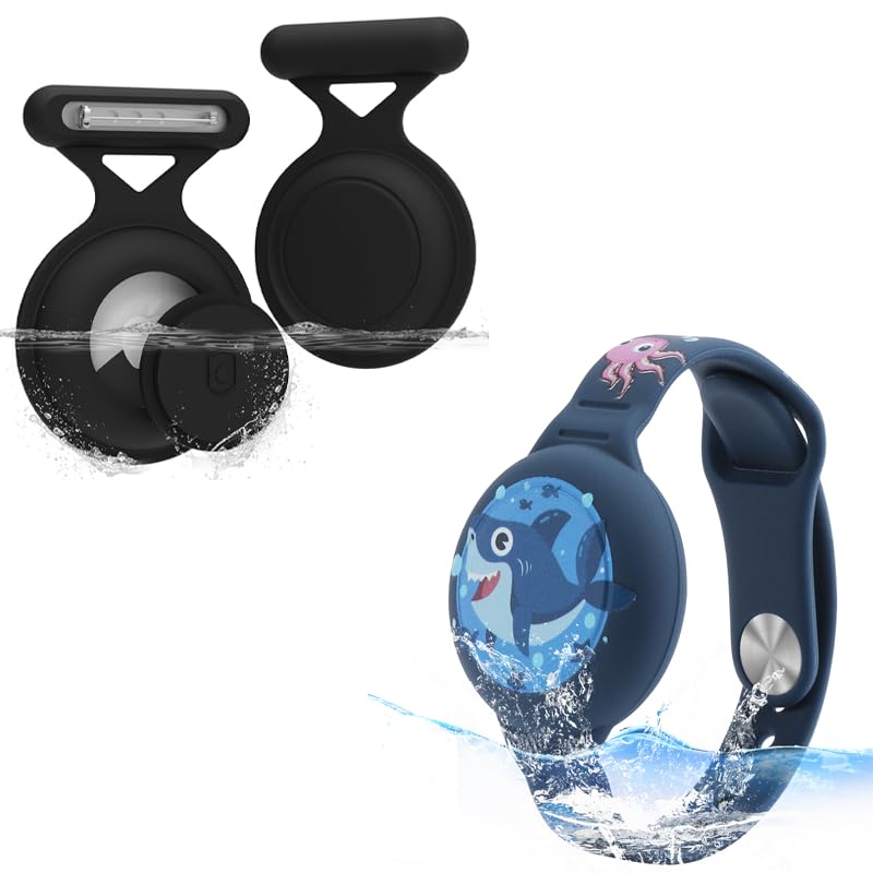 ZORBES® Kids AirTag Bracelet Cartoon Shark, Waterproof Silicone Adjustable Band + 2pcs Pin Brooch Airtag Holders for Kids, Pets, Bags, Elders – Anti-Lost, Full Cover, Multi-Use Combo Set