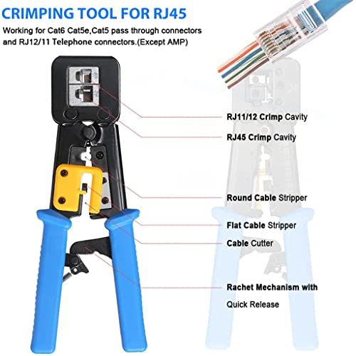 Serplex® RJ45 Crimping Tool for Cat6 Cat5e Cat5, 50PCS RJ45 Cat6 Pass-Through Connectors, 50PCS Covers, Network Cable Tester, Screwdriver, Wire Punch Down Cutter, Wire Stripper, with Storage Bag