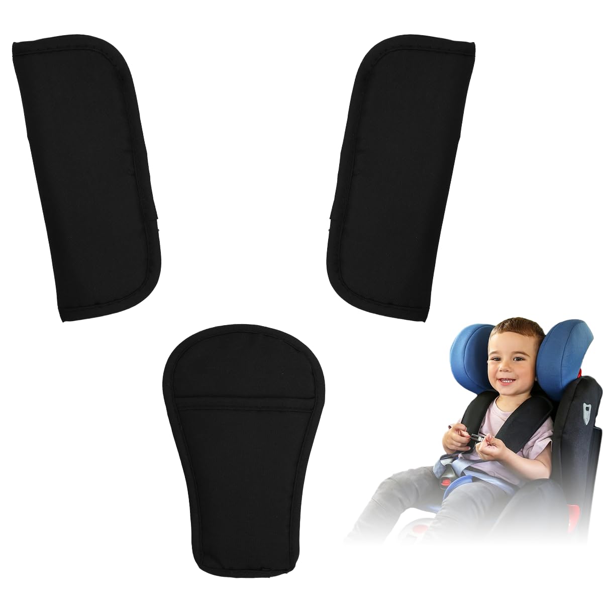 SNOWIE SOFT® 3Pcs Baby Car Seat Belt, Baby Stroller Car Seat Strap Covers and Crotch Pad Combo Universal Seat Belt Covers for Newborns Infants Kids Child, Pushchair Seat Belt Cover Cushions Adjustable