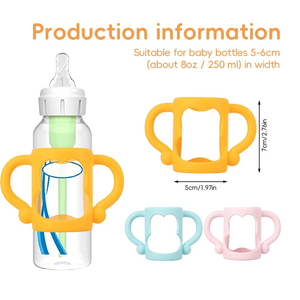 SNOWIE SOFT® 3Pcs Baby Bottle Sleeves with Ears Removable Silicone Baby Bottle Holders Fit 8 oz/250ml Milk Bottle Anti-Slip Baby Bottle Holder with Ears Baby Bottle Holders for Self-Feeding