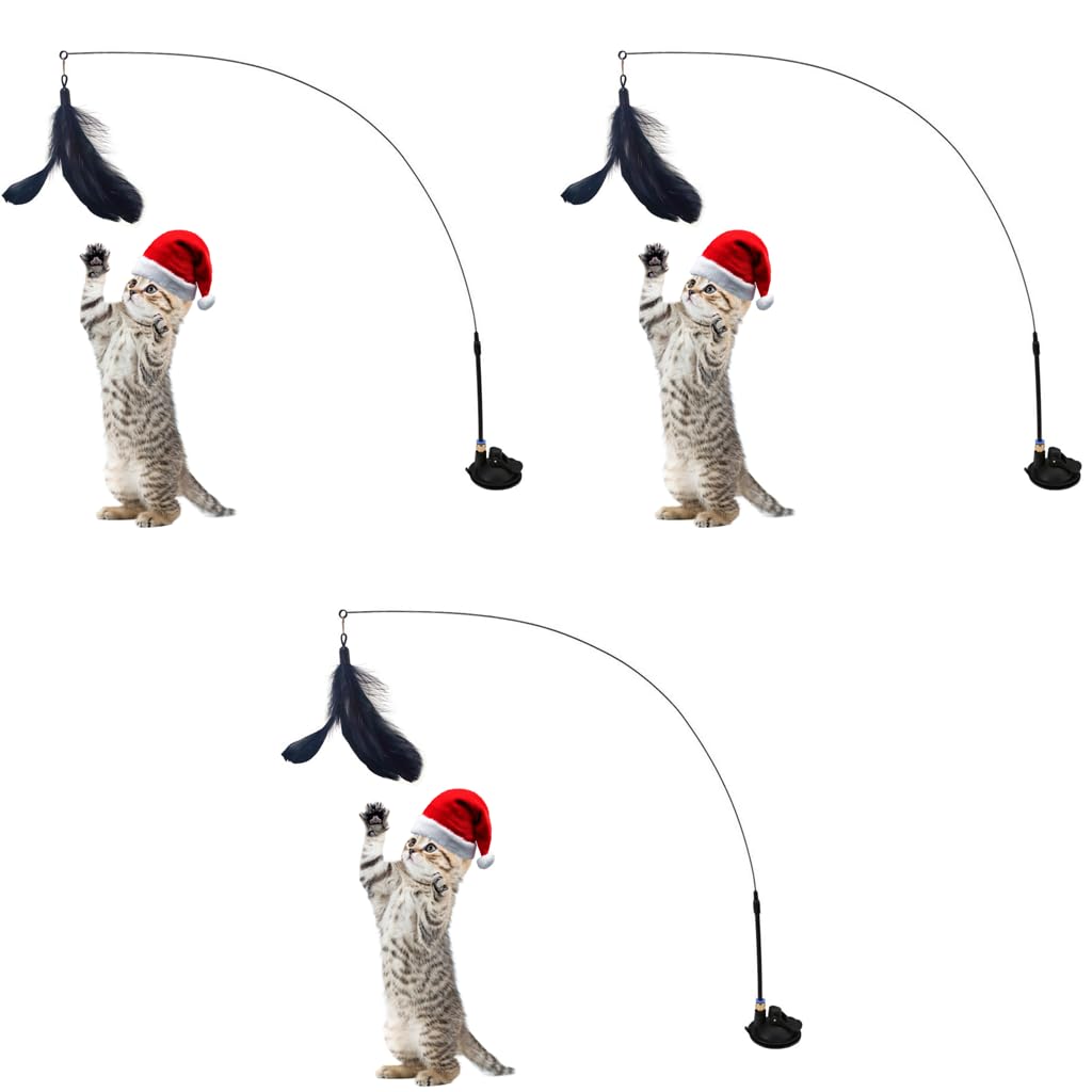 Qpets Cat Teaser Wand with Suction Cup featuring Fiberglass Rod and Feather Bell Toy for Indoor Cats 3 PCS