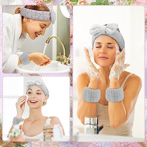 MAYCREATE® Spa Headband & Wristband Set for Washing Face, Soft Makeup Bowknot Headband for Women Girls, Super Absorbent Flannel Sweat Wrist Band Towel for Face Wash, Yoga, Fitness (Grey)