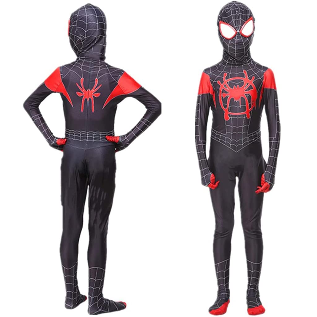 FANCYKU® Spiderman Costume for Kids, Superhero 3D Lenses Spiderman Dress Black Spider Man Miles Morales Bodysuit, Silk-Feel Fabric Spider-Man Fancy Jumpsuit for Boys Gift Halloween Cosplay, Size XL